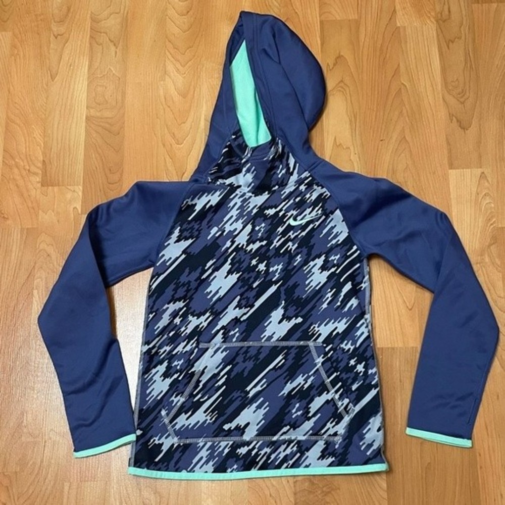 Nike Youth Therma Fit Hoodie Fleece Lined Blue Camouflage Hoody Girls Small